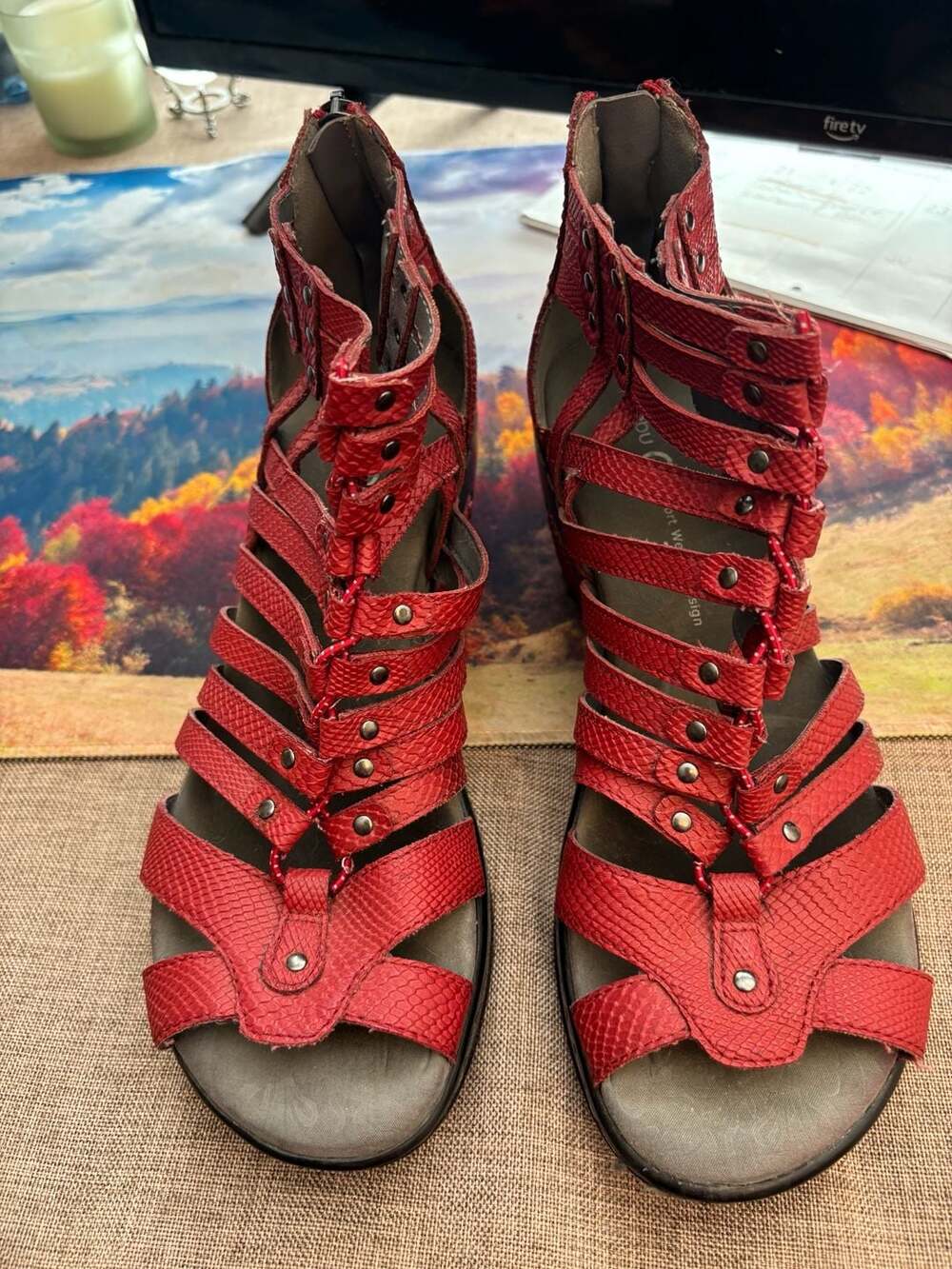 Jambu Red Snake Embossed Leather Gladiator Wedge Sandals.  Size 8